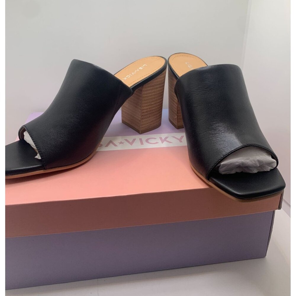 Lisa Vicky Black Leather Block Heel Mules Size 8 With Box